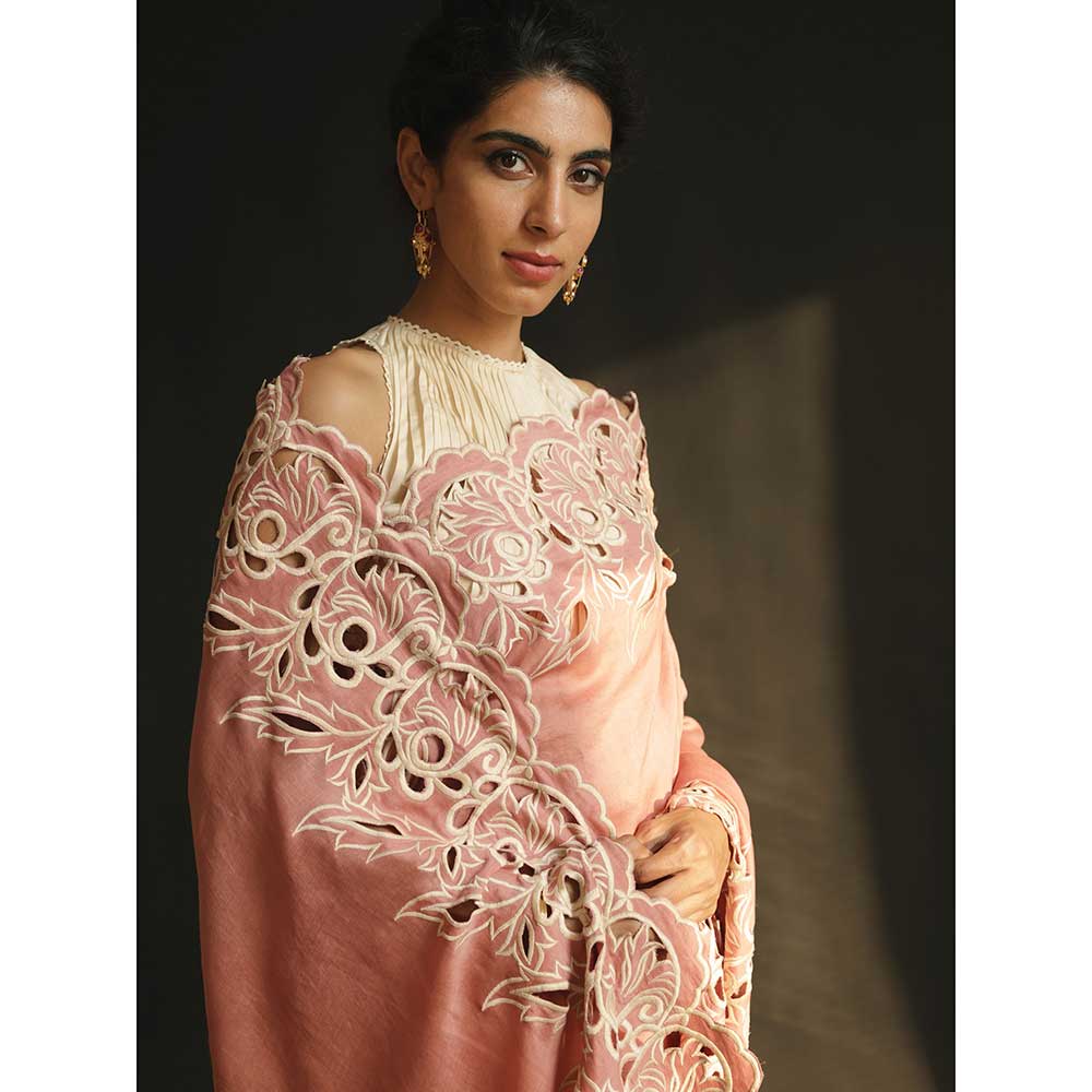 CHANDRIMA Pink Chanderi Cutwork Scallop Saree without Blouse