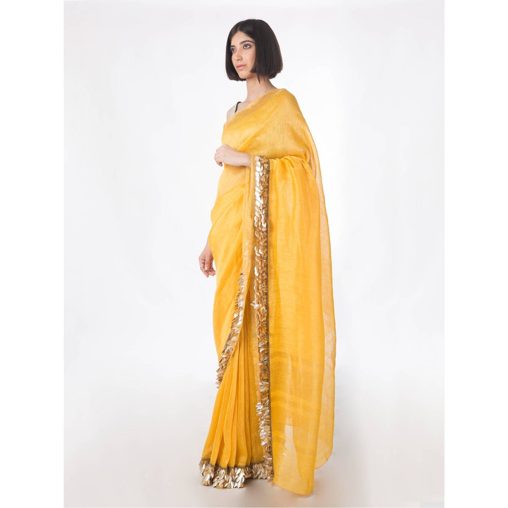 Saksham And Neharicka Yellow Embroidered Linen Silk Saree With Blouse Piece