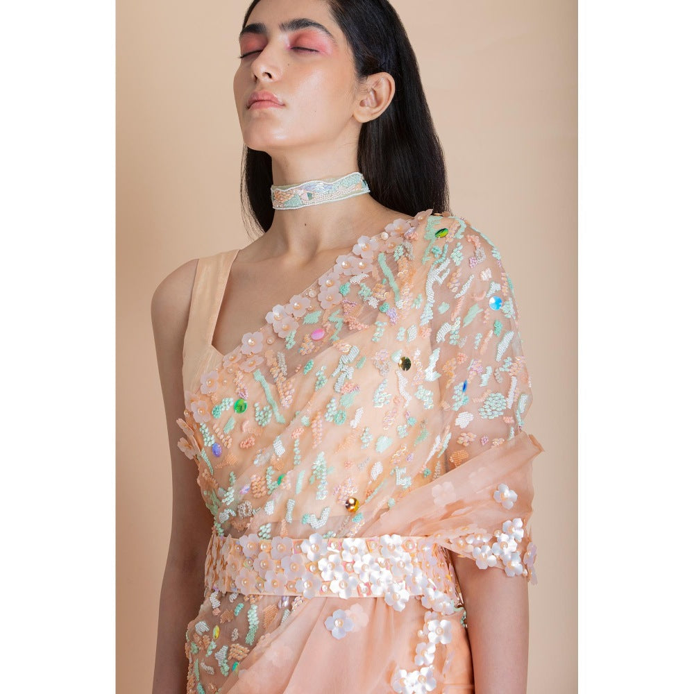 Saksham & Neharicka Peach Embellished Silk Organza Saree With Unstitched Blouse