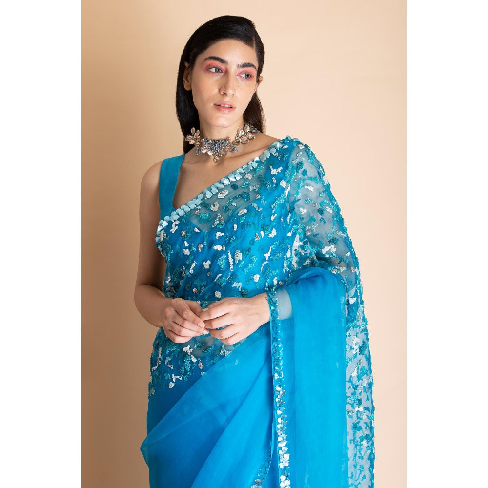 Saksham & Neharicka Azure Blue Embellished Silk Organza Saree With Unstitched Blouse