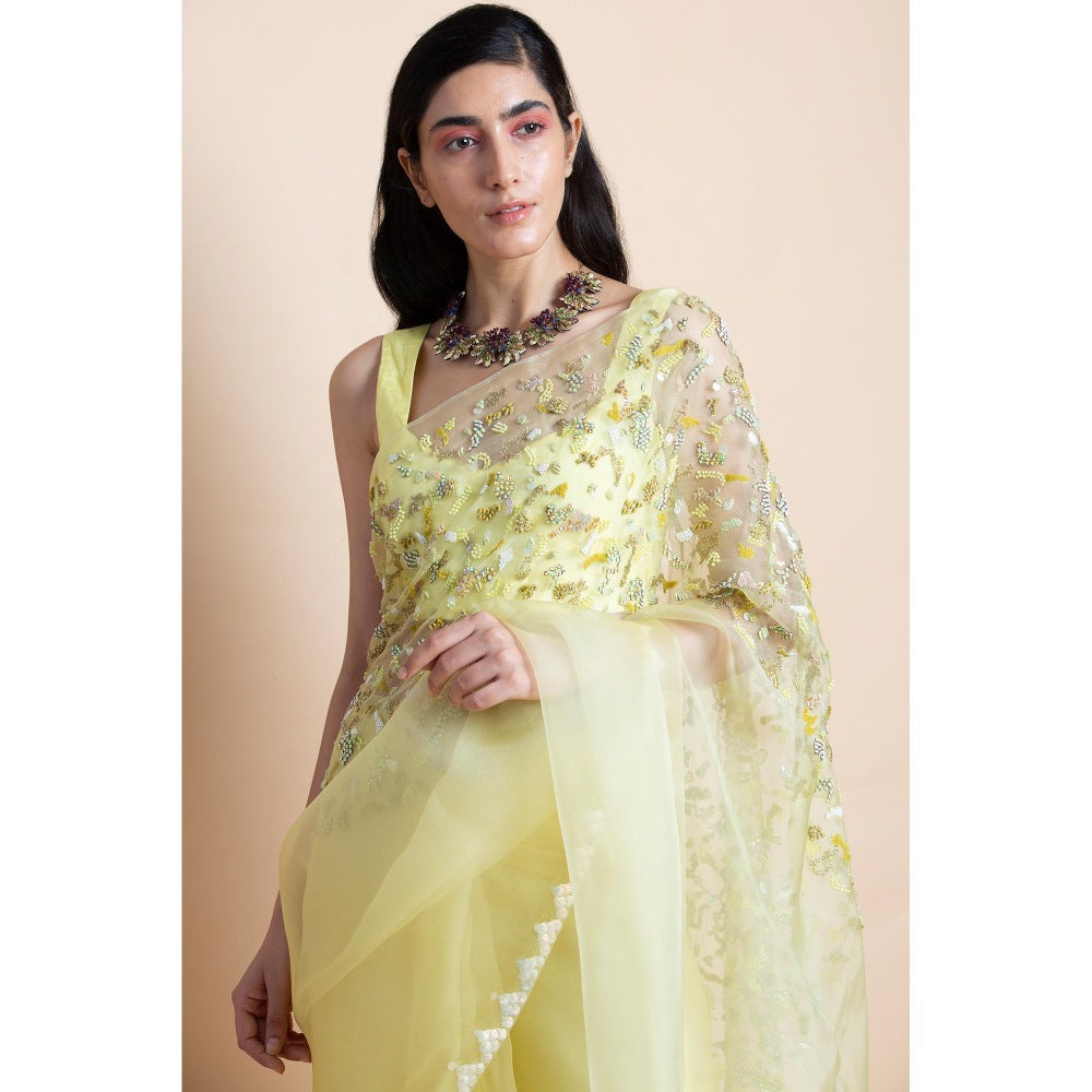Saksham & Neharicka Lime Yellow Embellished Silk Organza Saree With Unstitched Blouse