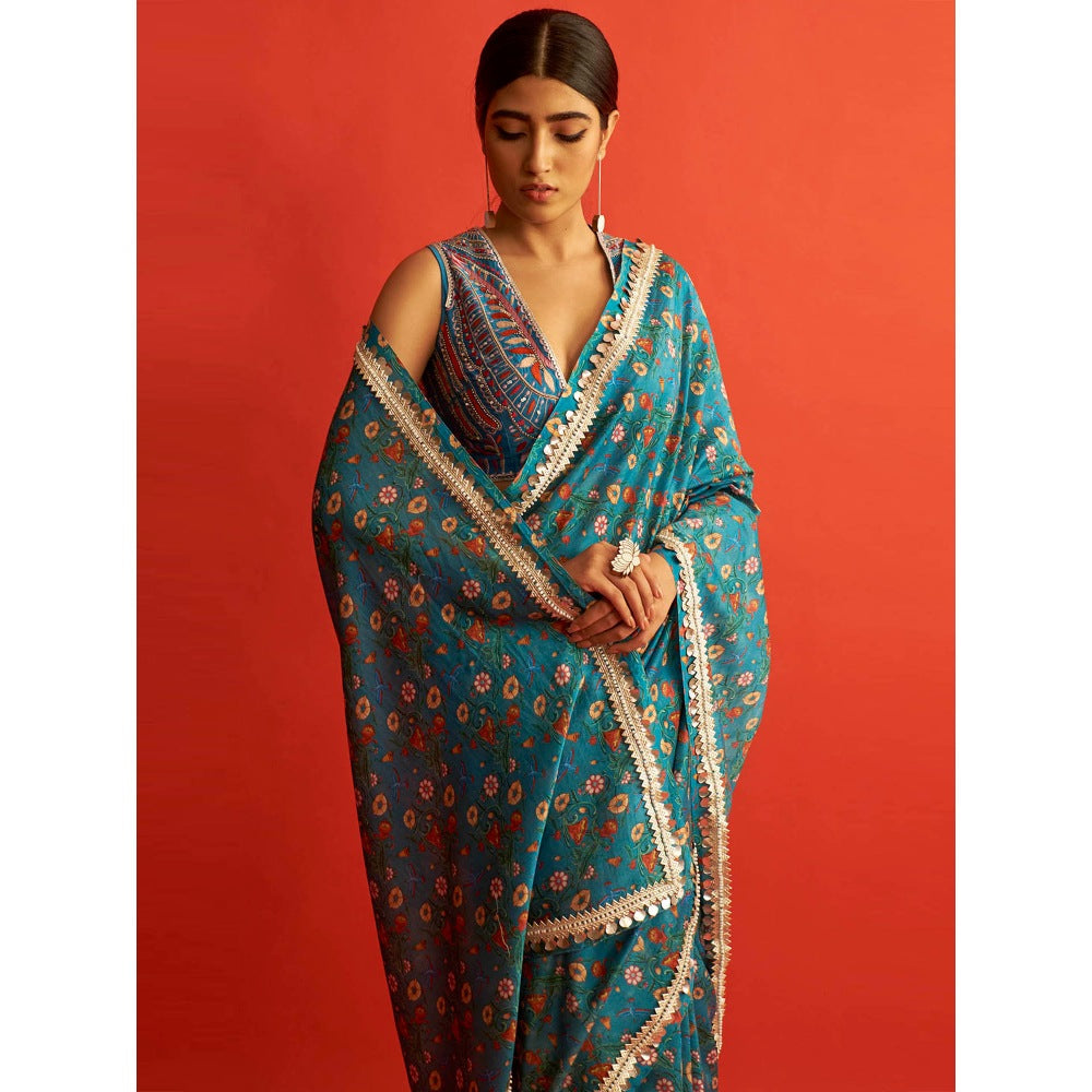 Saksham & Neharicka Blue Printed And Chanderi Saree With Unstitched Blouse