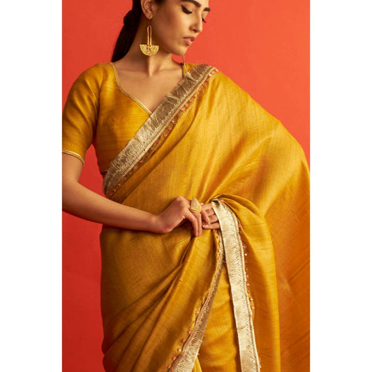 Saksham & Neharicka Mustard Yellow Tusser Silk Saree With Unstitched Blouse
