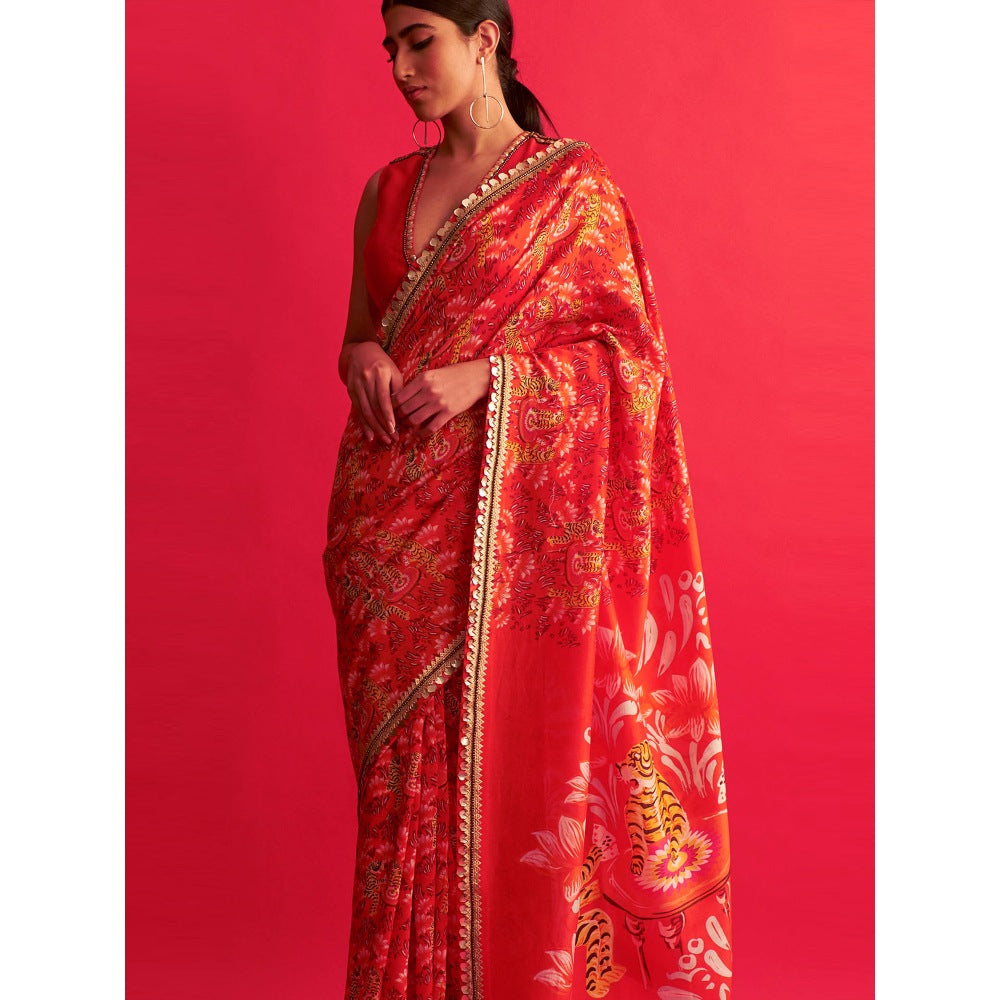 Saksham & Neharicka Tiger Printed & Embroidered Saree With Unstitched Blouse