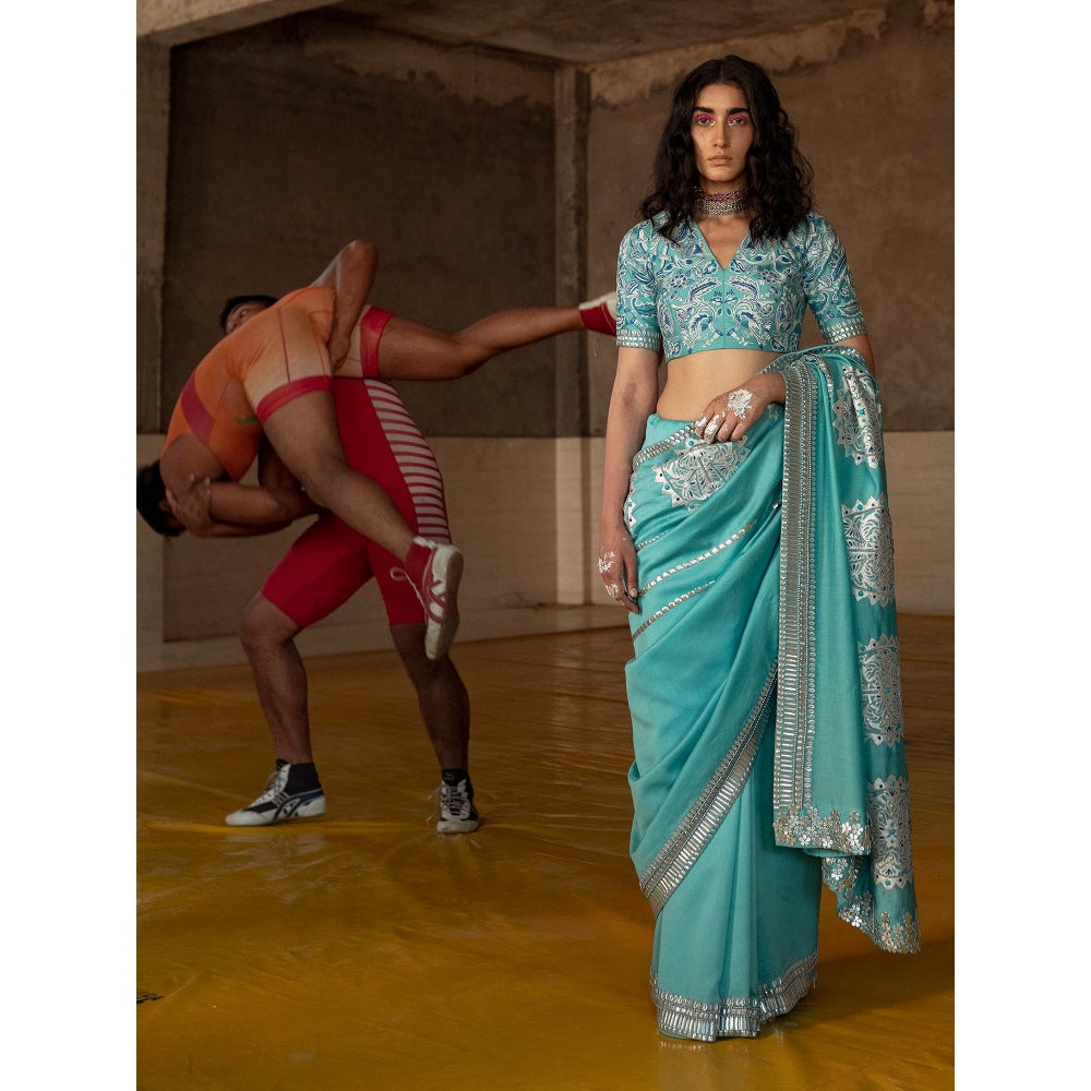 Saksham & Neharicka Firozi Embroidered Saree in Chanderi With Unstitched Blouse