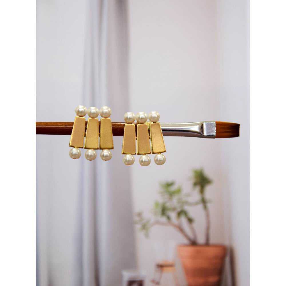 Suhani Pittie Gold Toned Brick & Pearl Stacked Trio Stud Earring