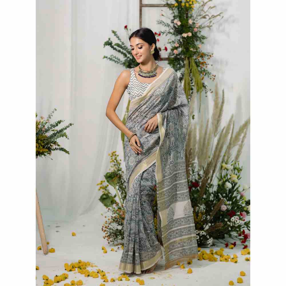 Old Marigold Bouganvillea Chanderi Silk Saree with Unstitched Blouse