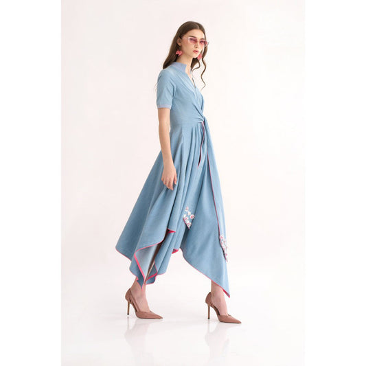 Our Love Denim Side Drape Dress with Embroidered Tie Knots & Kerchief Flare