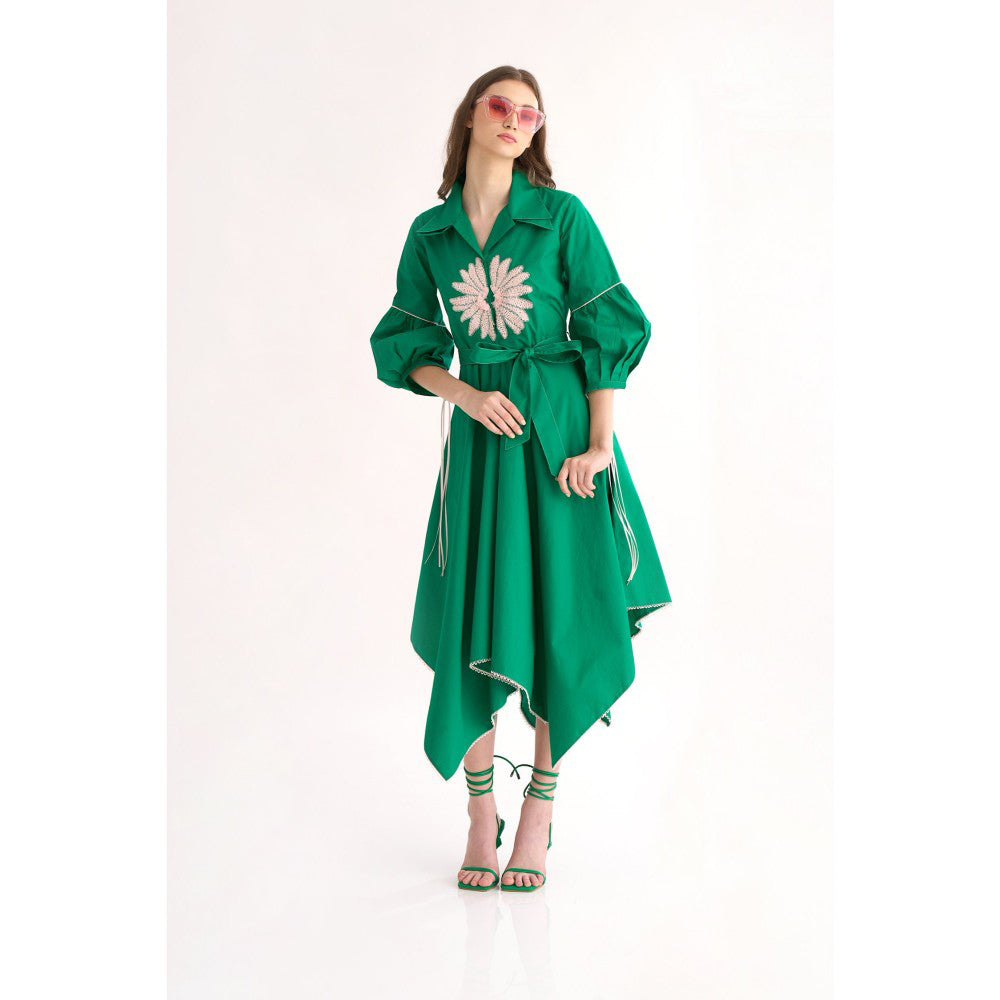 Our Love Emerald Cotton Poplin Shirt Dress with Belt & Floral Embroidery (Set of 2)