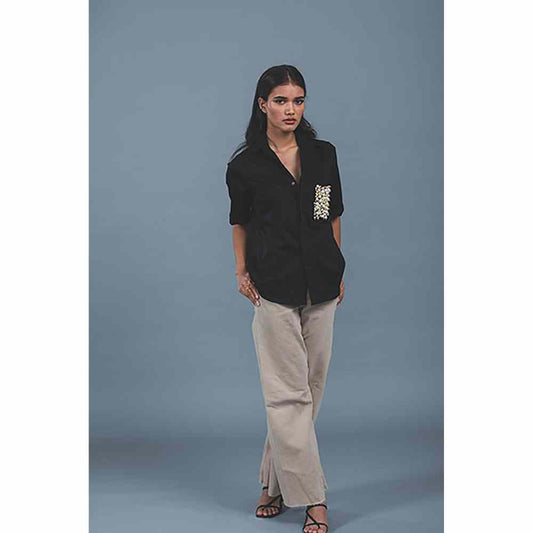 Pallavi Swadi Black Audrey Pearl Pocket Shirt