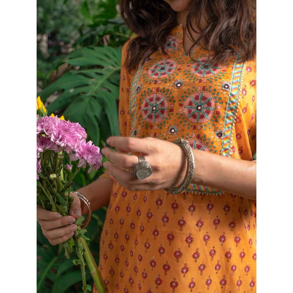 PANTS AND PAJAMAS Mustard Block Printed Straight Bottom