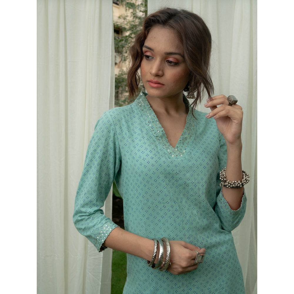 PANTS AND PAJAMAS Aqua Printed Kurta