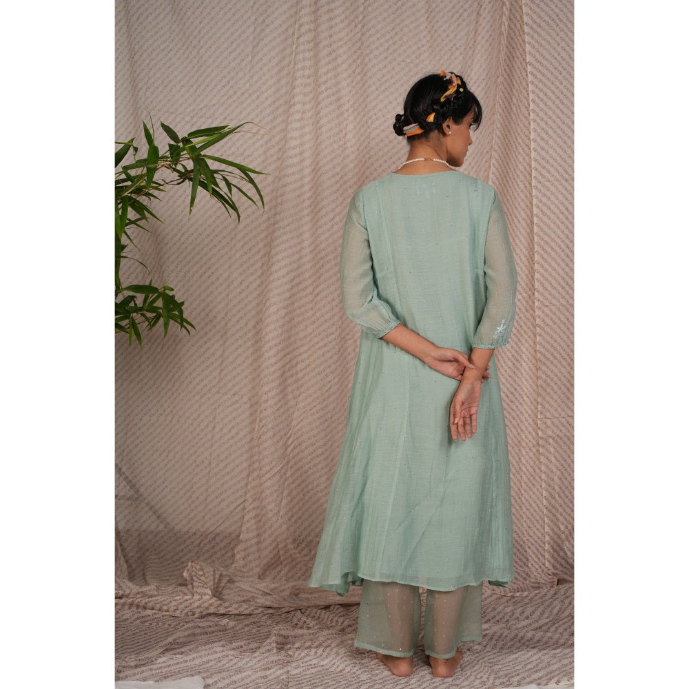 PANTS AND PAJAMAS Aqua Chikan Embroidered Kurta (Set of 3)