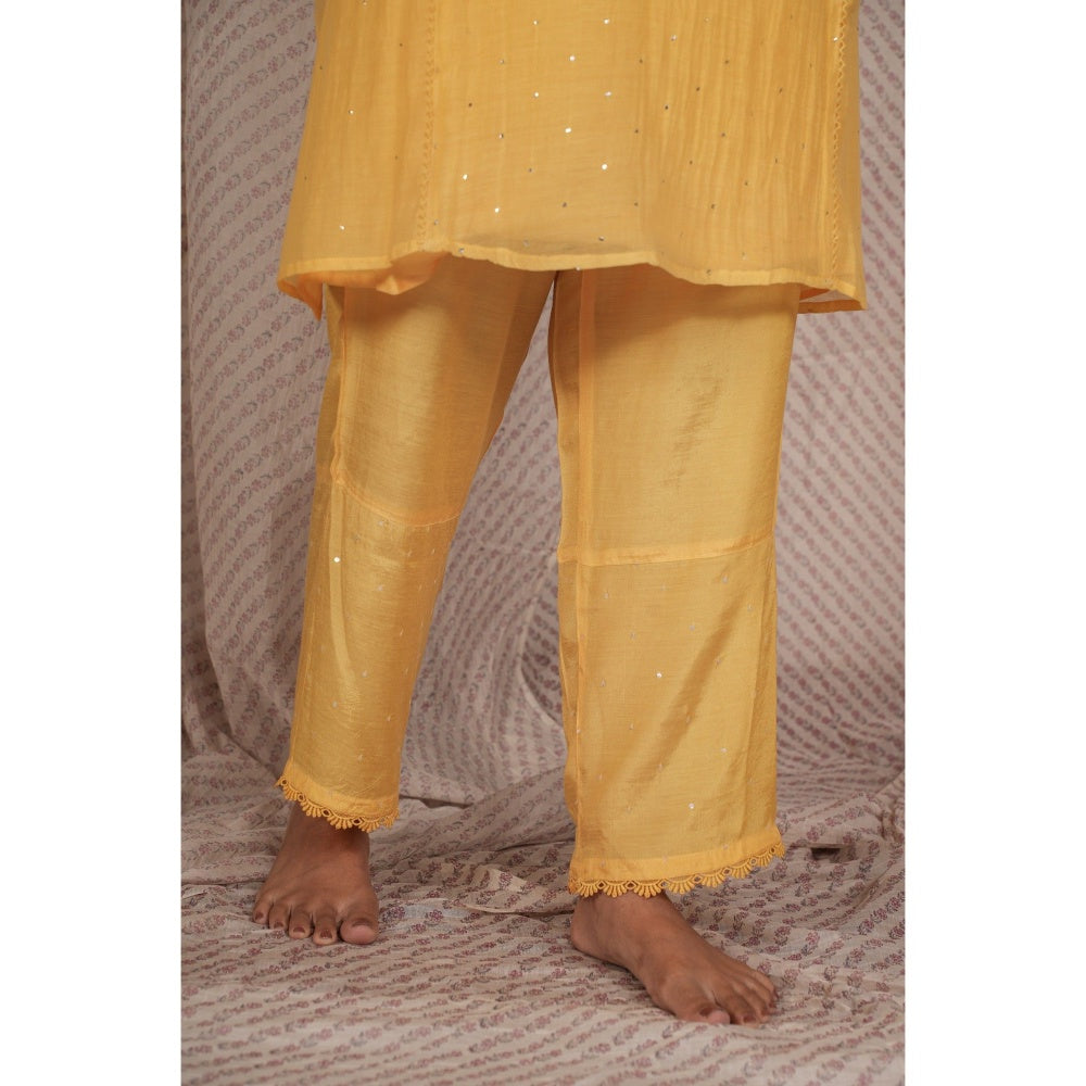 PANTS AND PAJAMAS Yellow Chikan Embroidered Kurta (Set of 3)