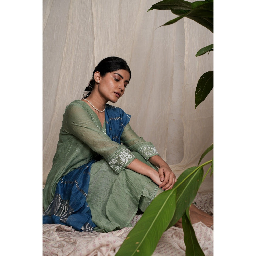 PANTS AND PAJAMAS Moss Green Chikan Embroidered Kurta (Set of 3)