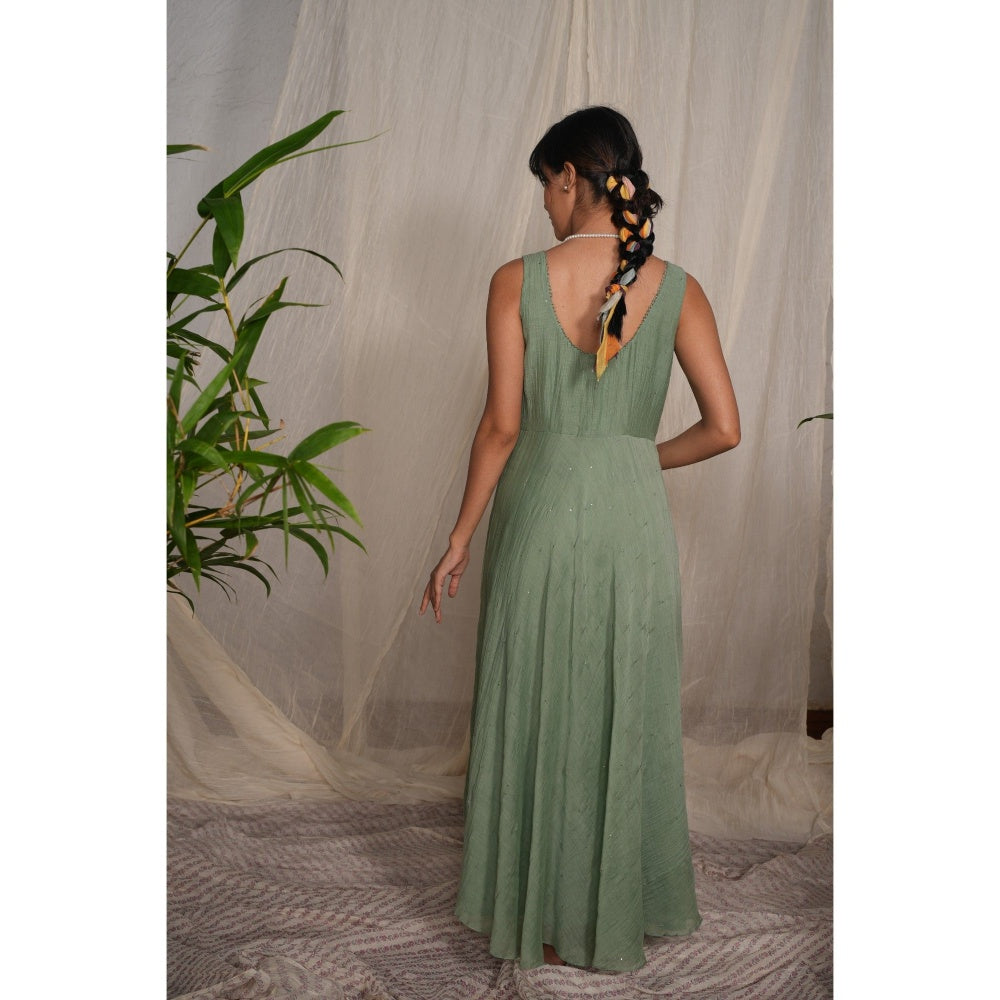 PANTS AND PAJAMAS Moss Green Chikan Chanderi Mull Dress