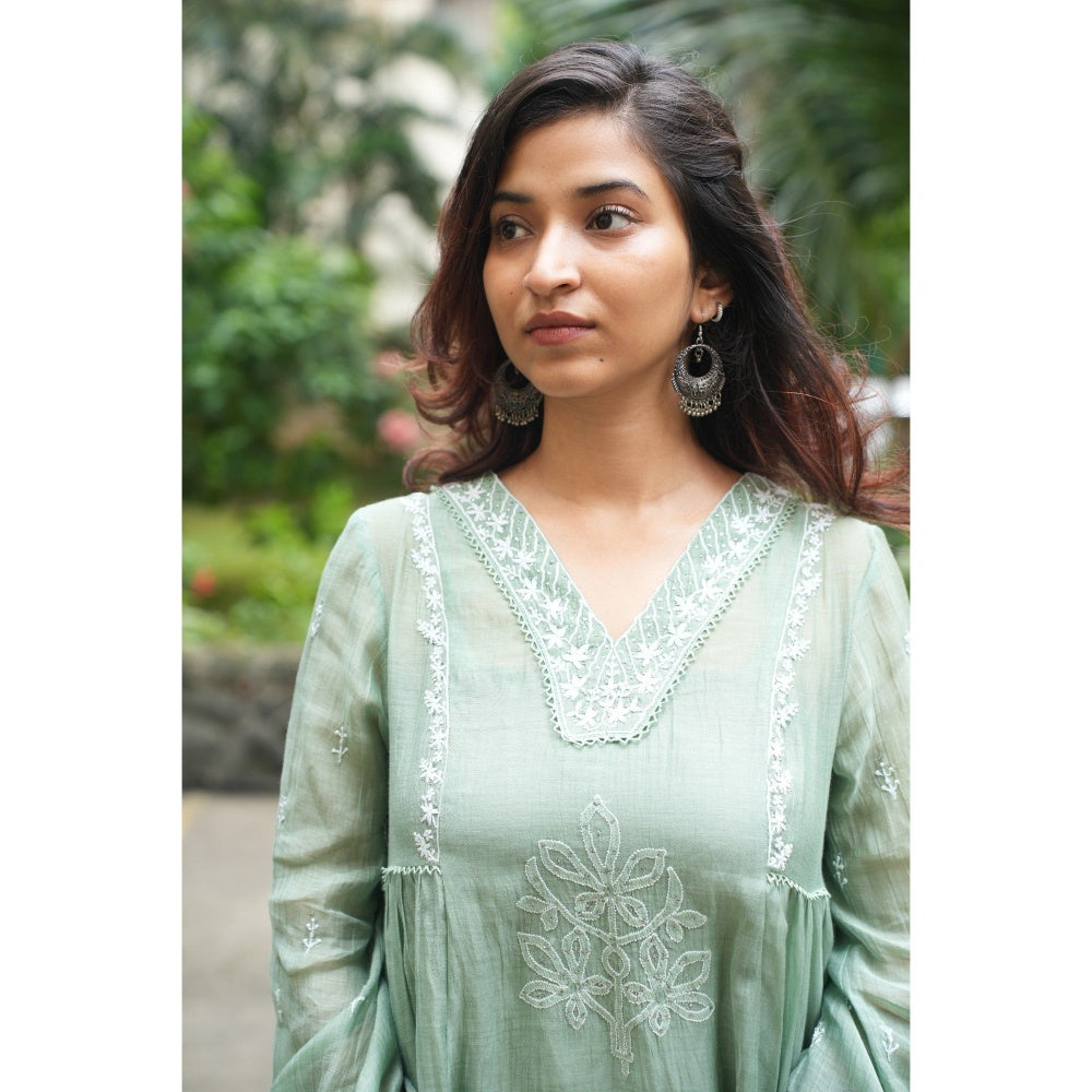 PANTS AND PAJAMAS Moss Green Chikan Chanderi Mull Top