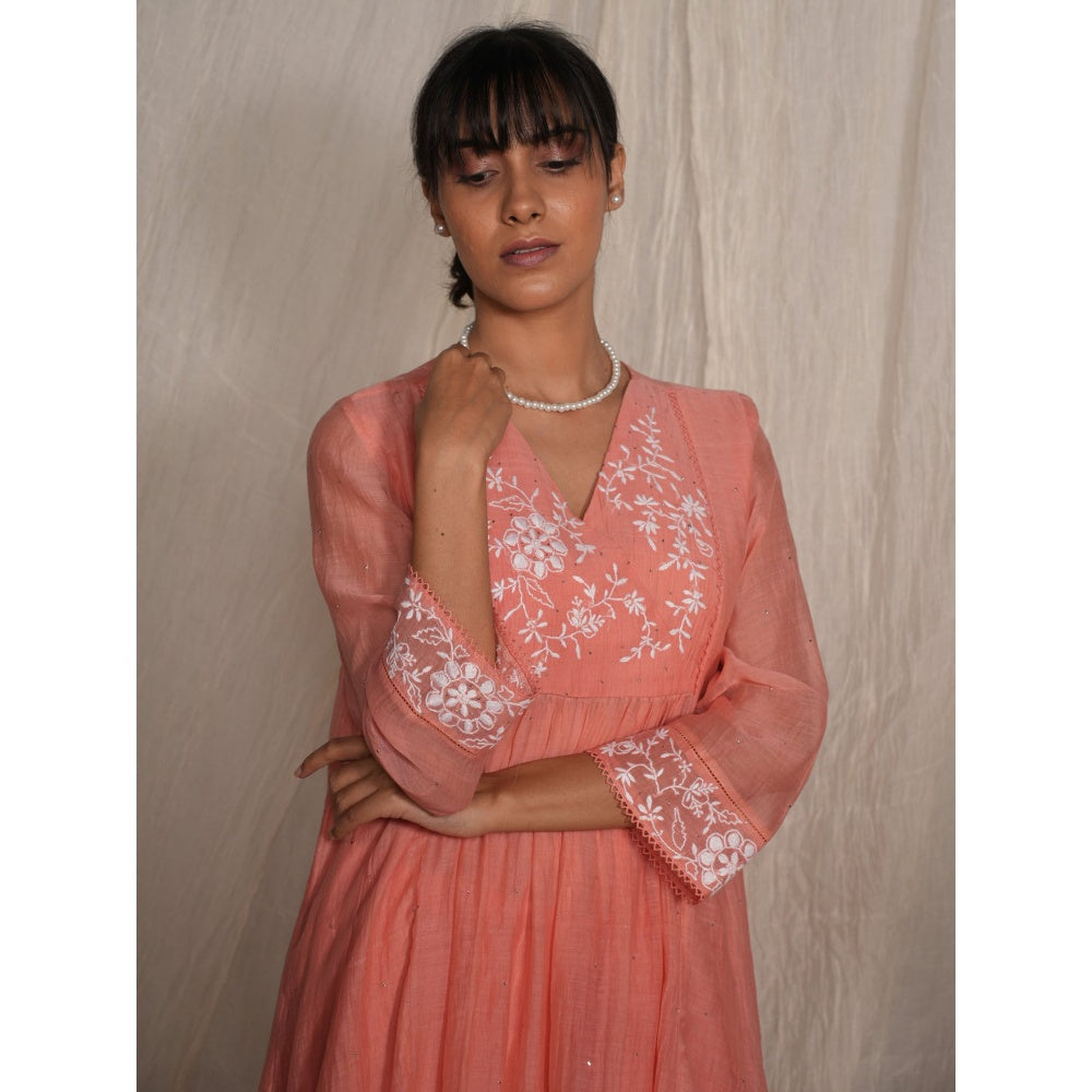 PANTS AND PAJAMAS Peach Chikan Chanderi Mull Kurta & Cotton Silk Pant (Set of 2)