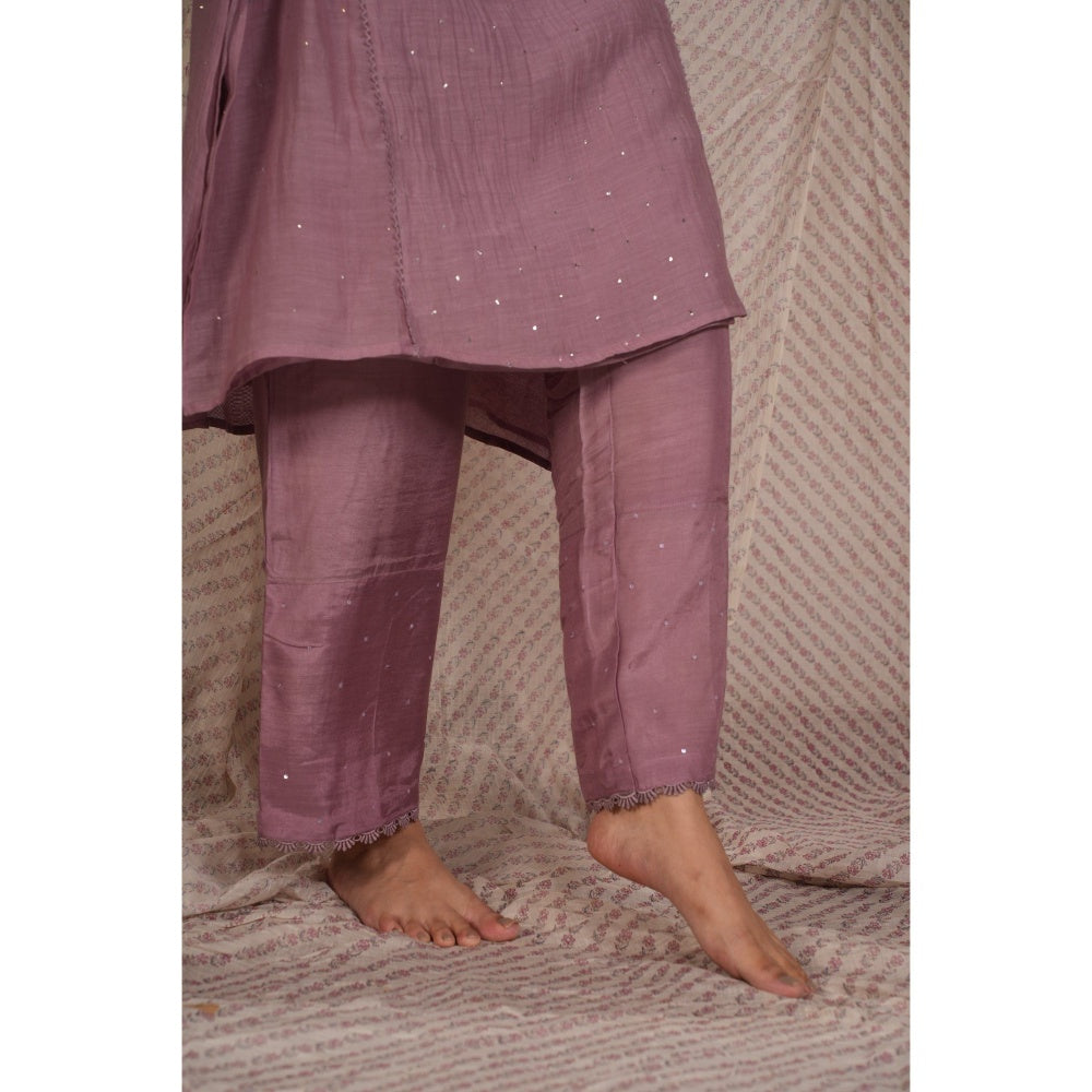 PANTS AND PAJAMAS Lilac Chikan Chanderi Mul Kurta & Cotton Silk Pant (Set of 2)