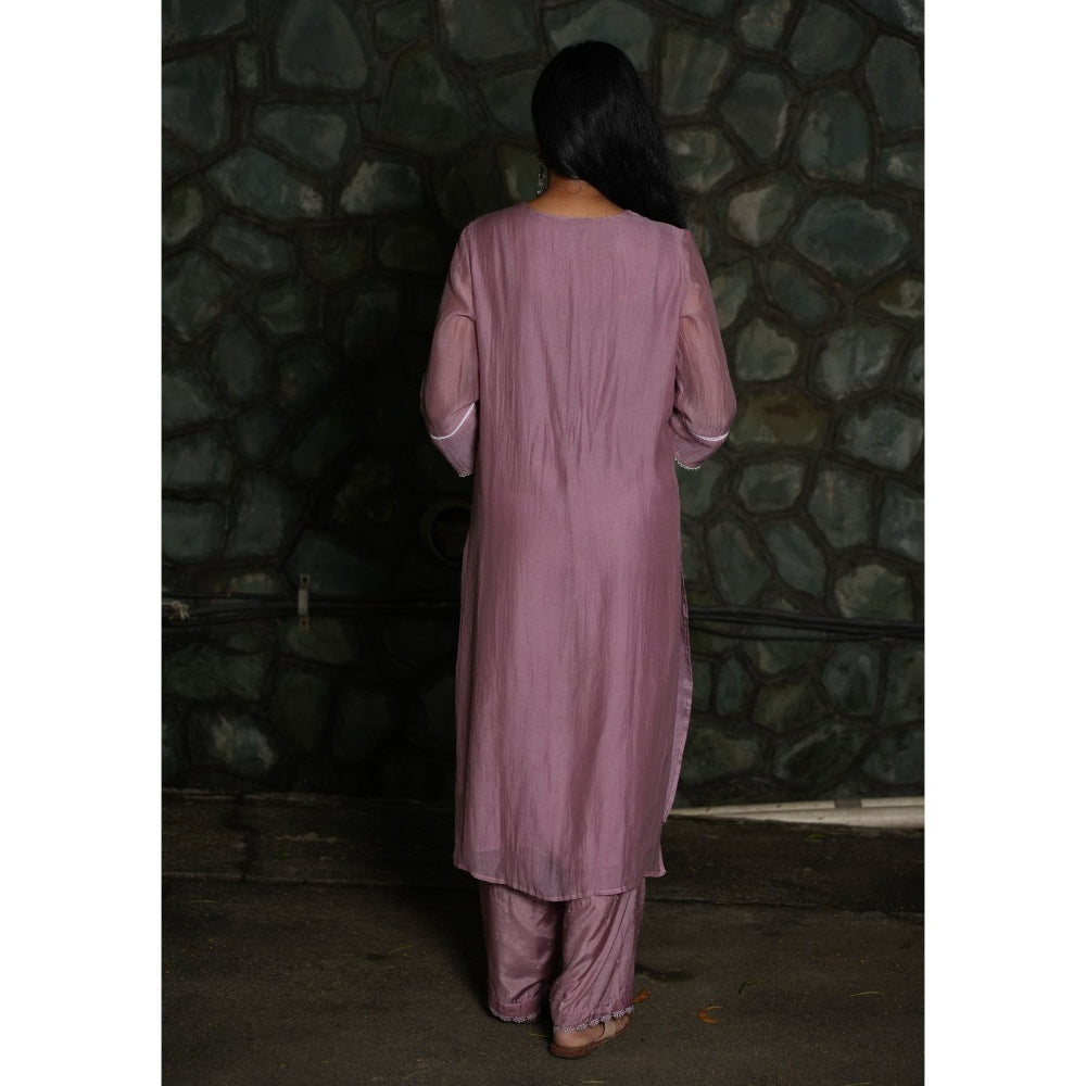 PANTS AND PAJAMAS Lilac Chikan Chanderi Mull Kurta & Cotton Silk Pant (Set of 2)