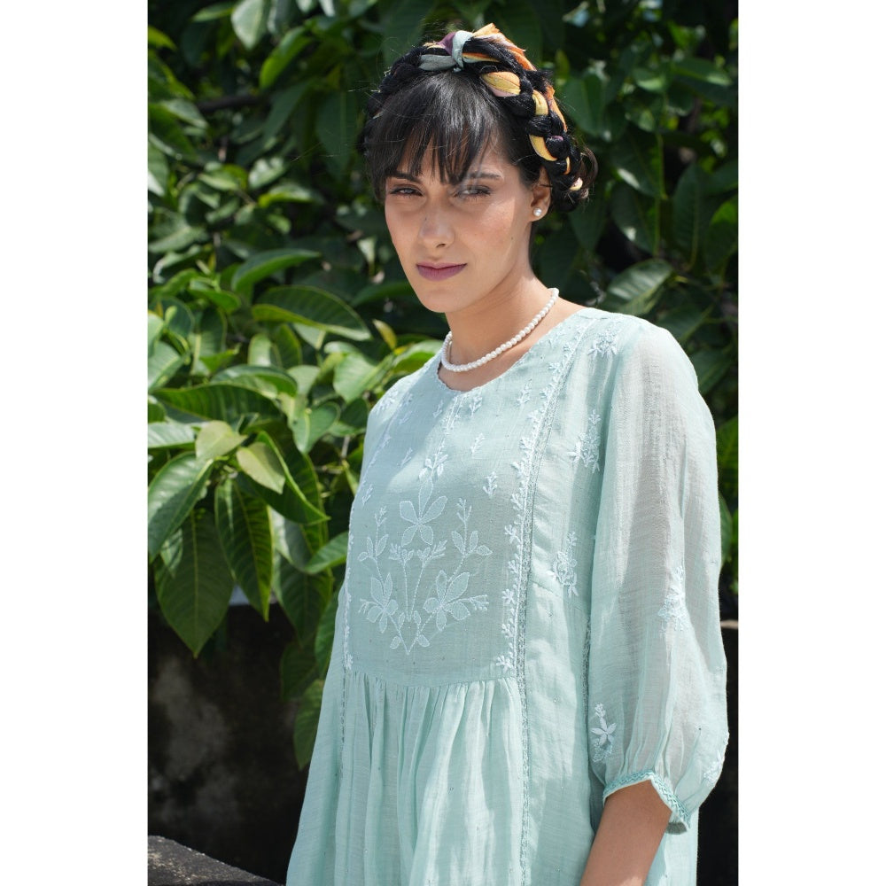 PANTS AND PAJAMAS Aqua Chikan Chanderi Mull Kurta
