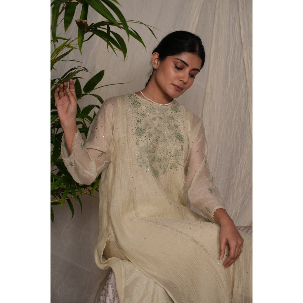 PANTS AND PAJAMAS Sege Cream Chikan Chanderi Mul Kurta