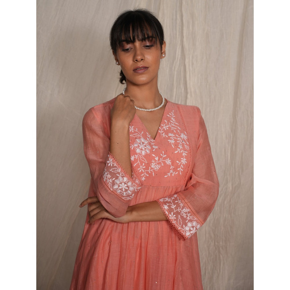 PANTS AND PAJAMAS Peach Chikan Chanderi Mull Kurta