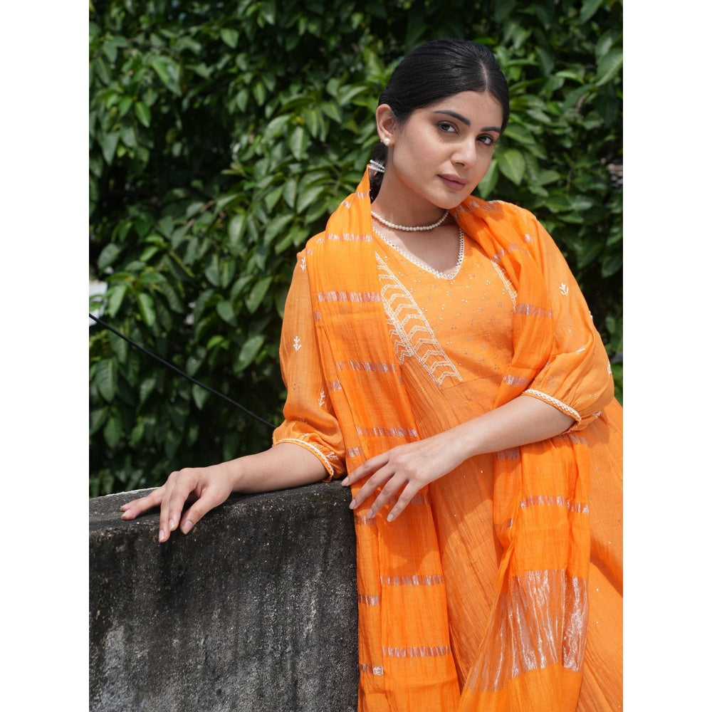 PANTS AND PAJAMAS Orange Chikan Chanderi Mull Kurta