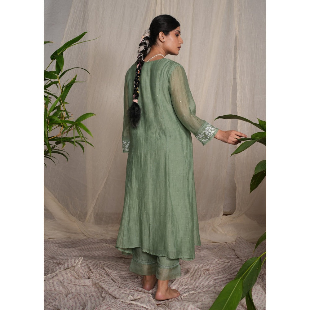 PANTS AND PAJAMAS Moss Green Chikan Chanderi Mull Kurta