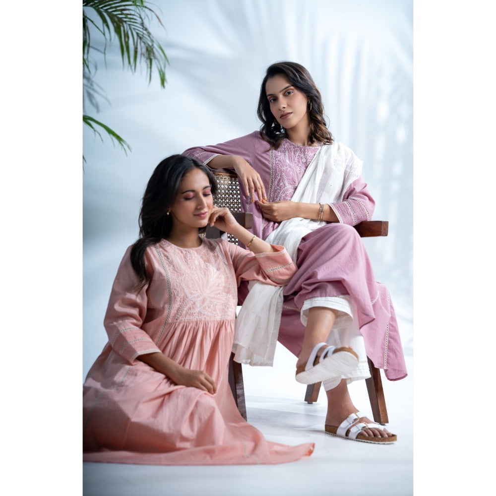 PANTS AND PAJAMAS Mauve Lilac Chikankari in Cotton Kurta, Cotton Bottom (Set of 2)