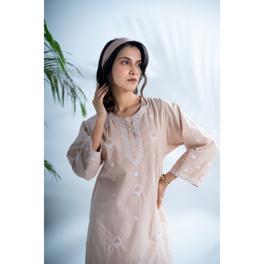 PANTS AND PAJAMAS Hazel Beige Chikan Cotton Kurta