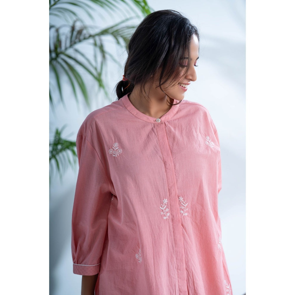 PANTS AND PAJAMAS Cerise Dark Blush Pink Chikan in Cotton Shirt and Cotton Bottom (Set of 2)