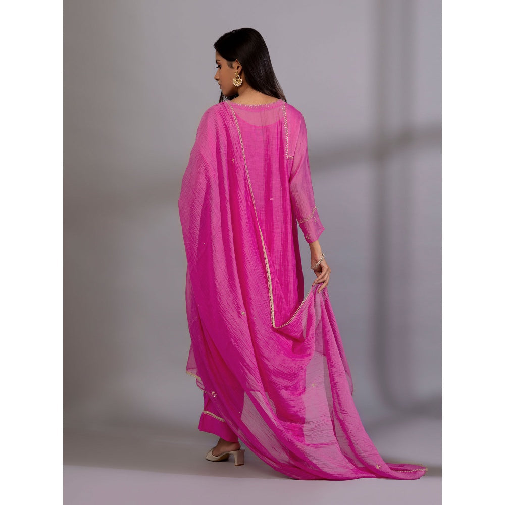 PANTS AND PAJAMAS Pink Chanderi Embroidered Dupatta