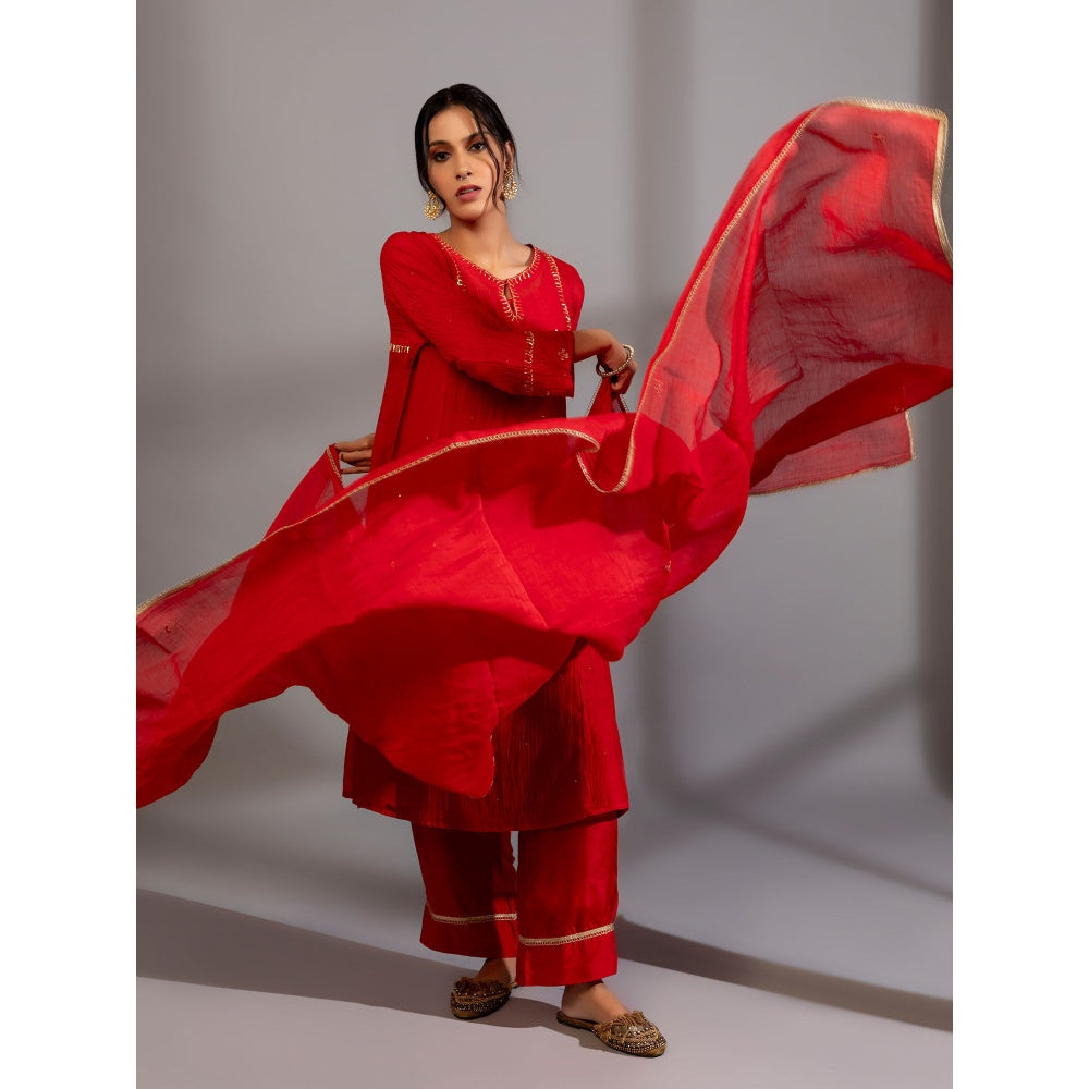 PANTS AND PAJAMAS Red Chanderi Embroidered Kurta With Pant & Dupatta (Set of 3)