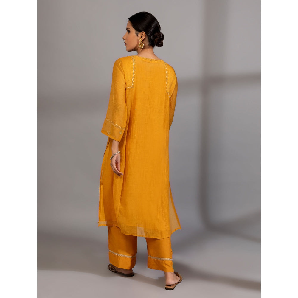PANTS AND PAJAMAS Mustard Solid Cotton Silk Embroidered Pants