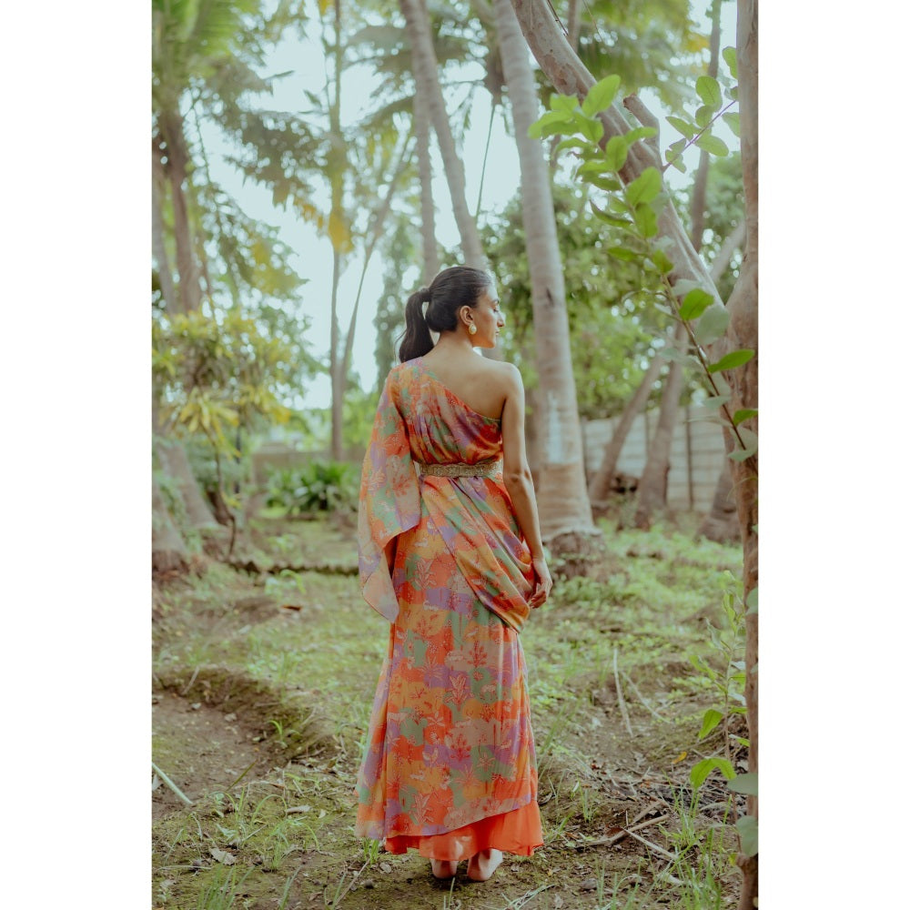 Paulmi & Harsh Naksha Print One Shoulder Top with Drape Skirt (Set of 3)