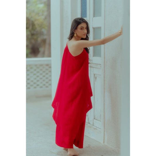 Paulmi & Harsh Rani Pink One Shoulder Top with Drape Skirt (Set of 2)