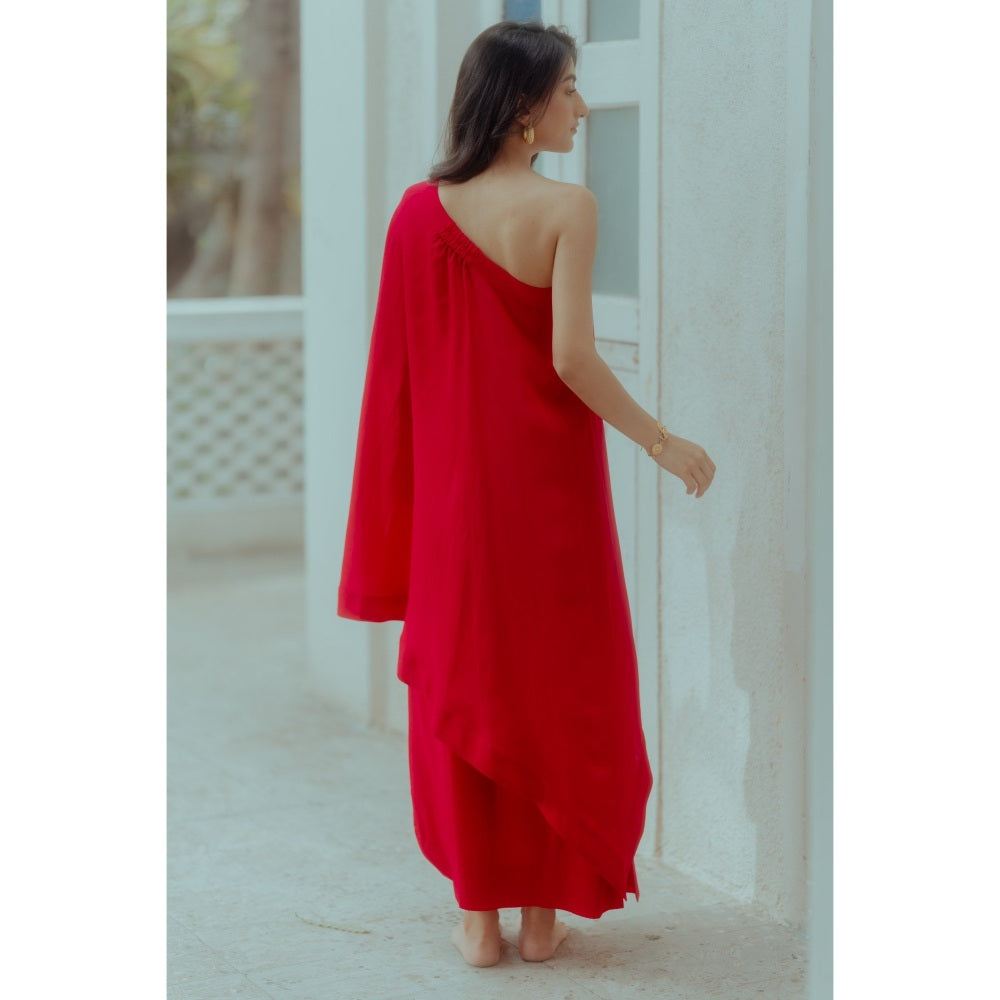 Paulmi & Harsh Rani Pink One Shoulder Top with Drape Skirt (Set of 2)