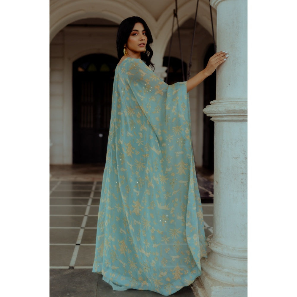 Paulmi & Harsh Tea Pot Blue Bagh Printed with Long Drama Jacket (Set of 4)