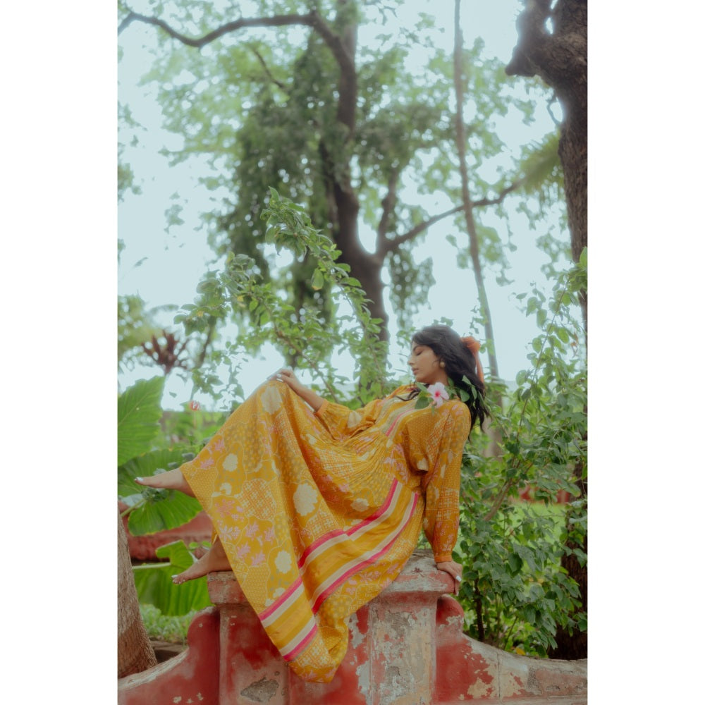 Paulmi & Harsh Naksha Printed Gathered Maxi with Striped Yoke