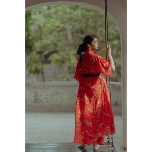 Paulmi & Harsh Poppy Red Rose Asymmetrical Shirt Dress (Set of 2)