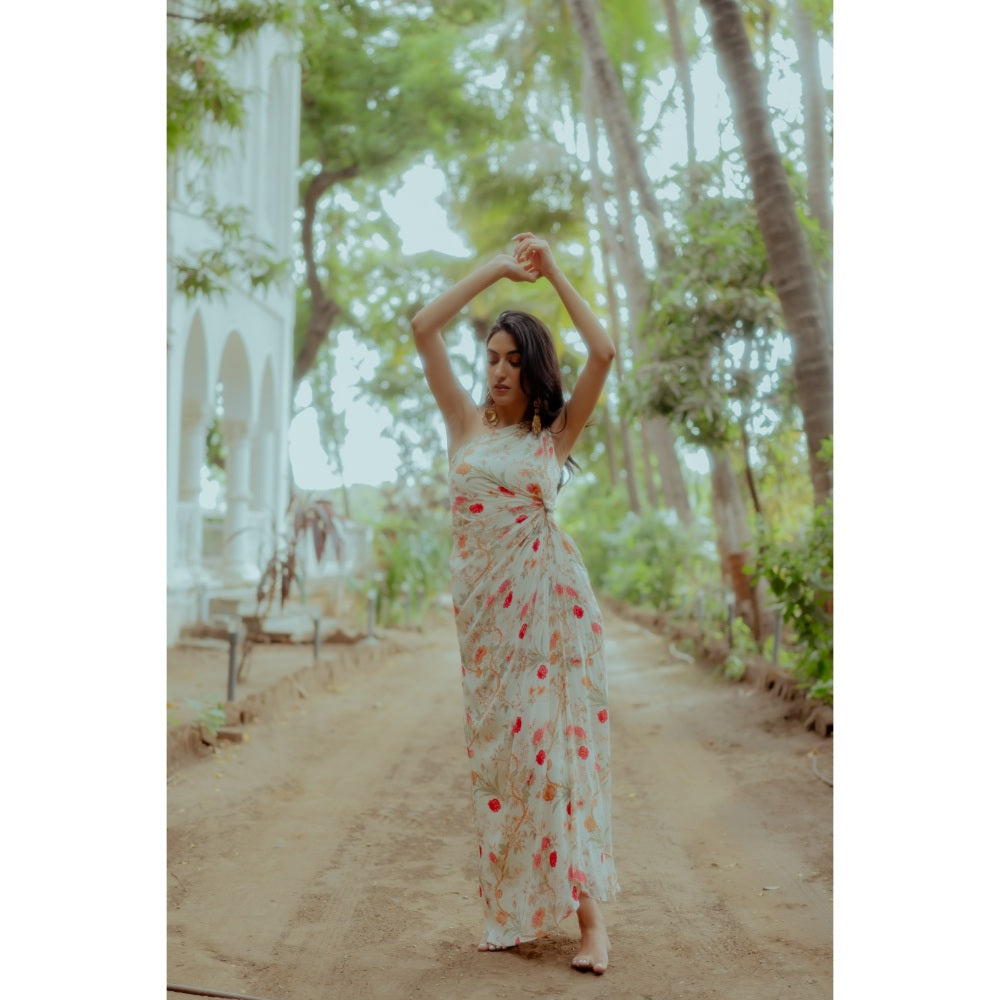 Paulmi & Harsh Rose Printed One Shoulder Knotted Dress