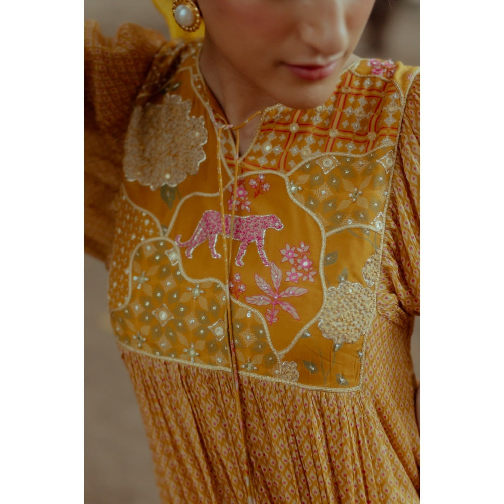 Paulmi & Harsh Flame Printed Ochre Yellow Maxi