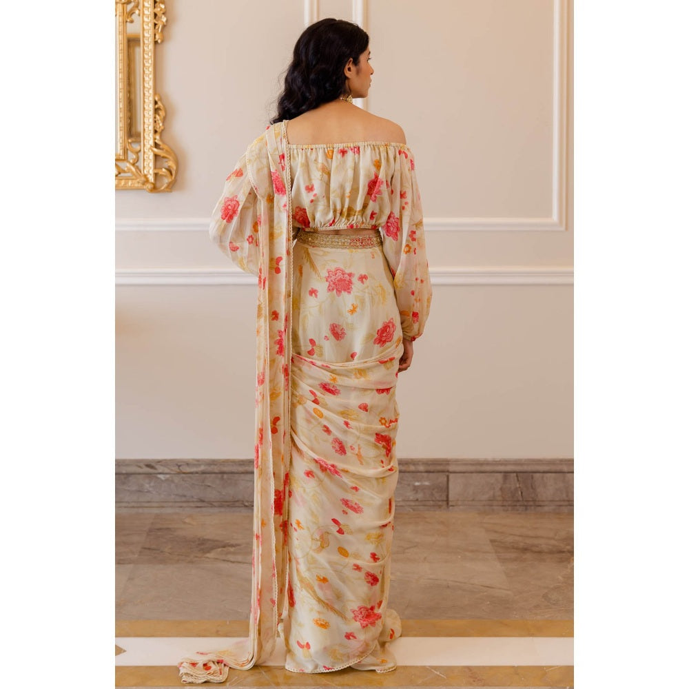 Paulmi & Harsh Ivory Chintz Pre Stitched Saree with Blouse (Set of 3)