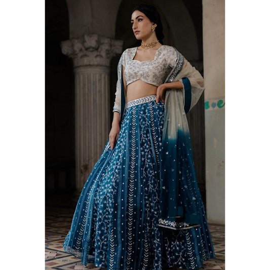 Paulmi & Harsh Gypsy Teal Block Embroidered Lehenga (Set of 3)