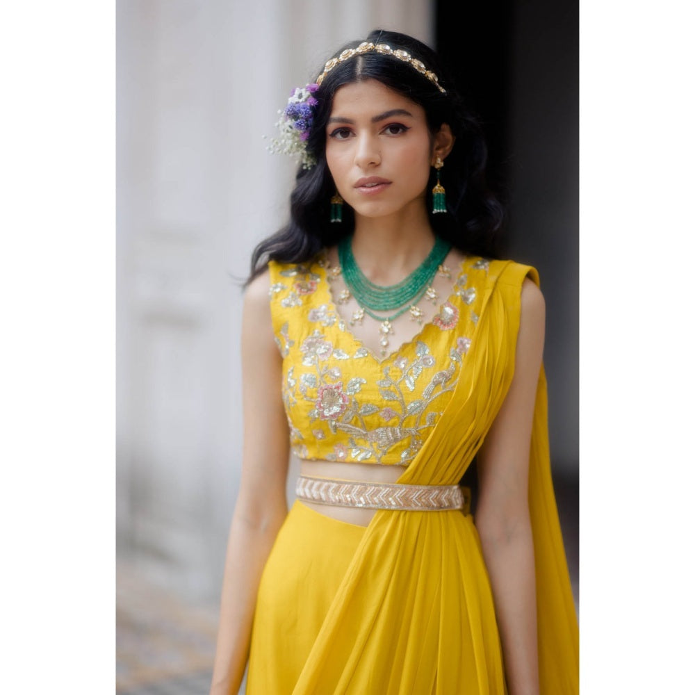 Paulmi & Harsh Bright Yellow Roman Draped Saree with Blouse (Set of 3)