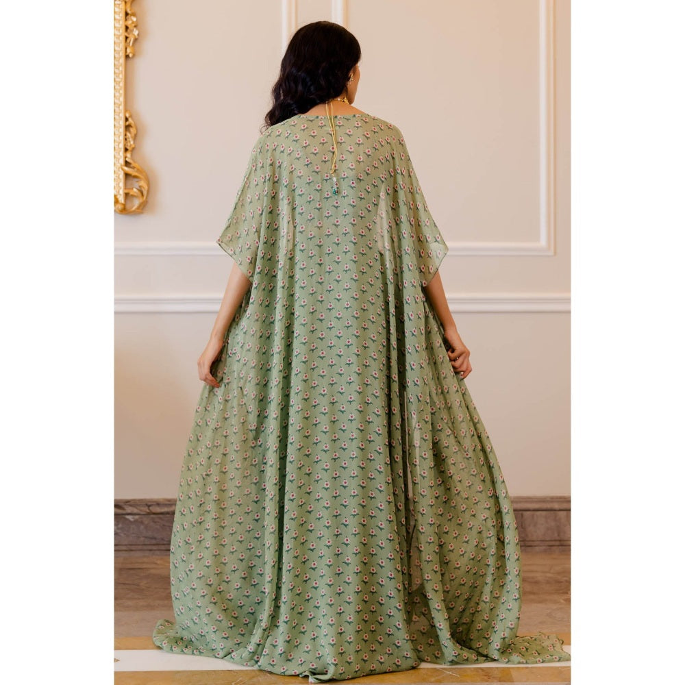 Paulmi & Harsh Pista Green Butti Printed Cape (Set of 3)