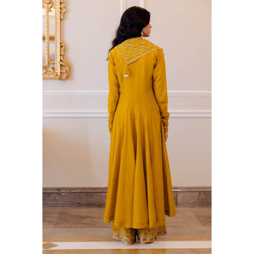 Paulmi & Harsh Mustard Yellow Mul Chudi Sleeved Anarkali (Set of 3)