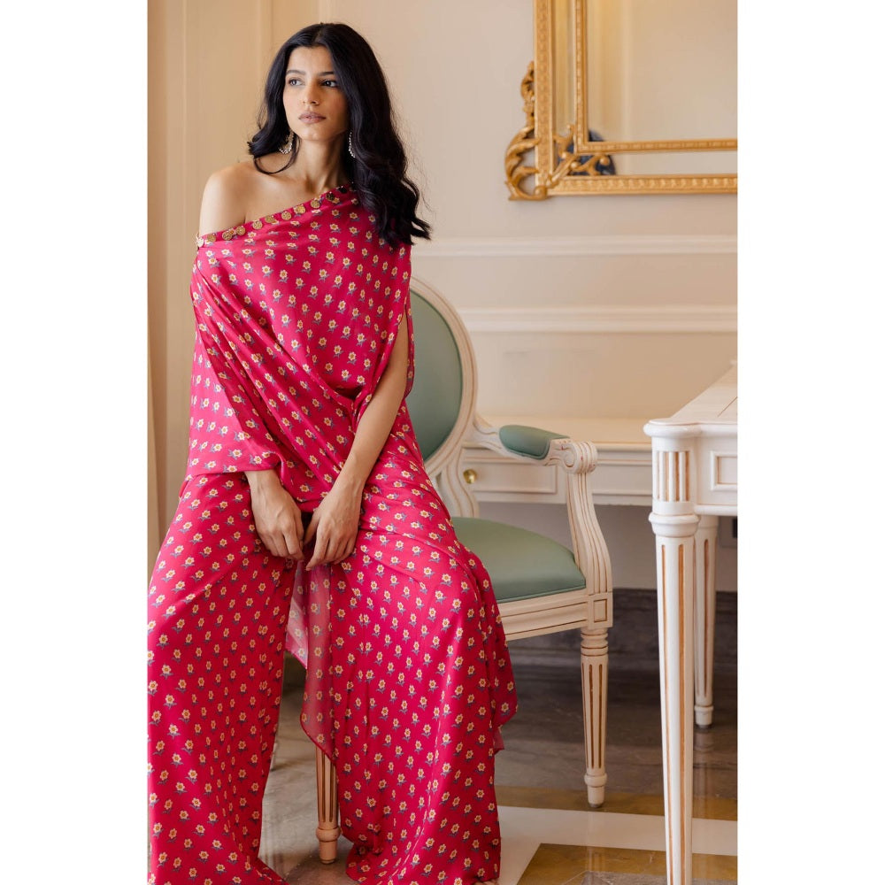 Paulmi & Harsh Rani Pink Butti Printed One Shoulder Dress with Palazzo (Set of 2)