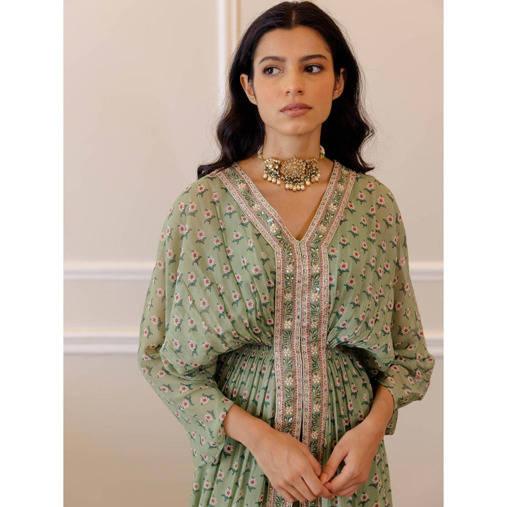 Paulmi & Harsh Pista Green Butti Printed Embroidered Kaftan (Set of 2)